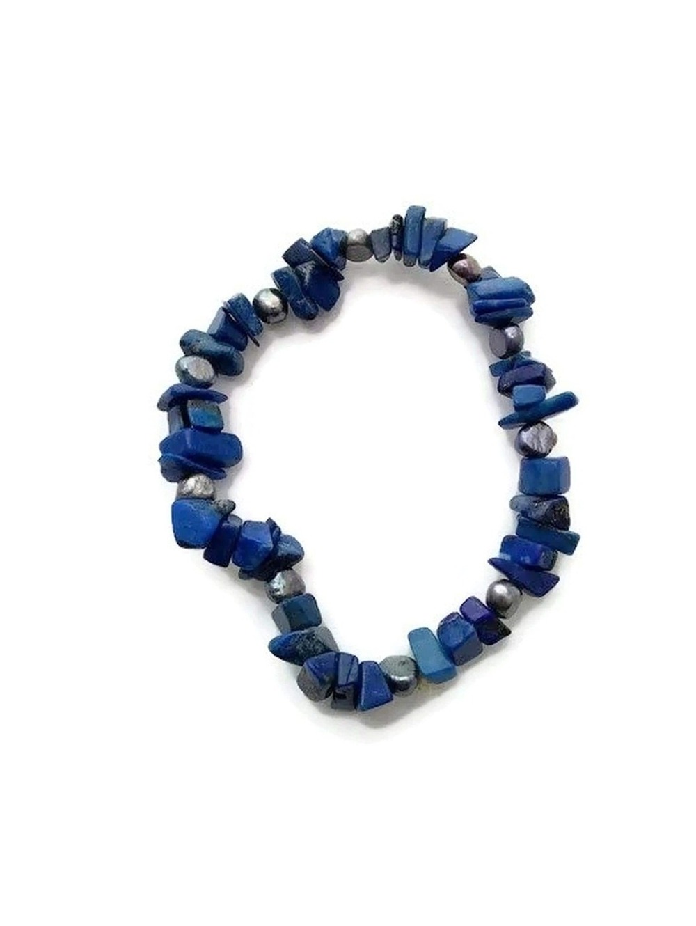 Vintage Lapis Lazuli and Silver Freshwater Pearls Beaded Elastic Bracelet.